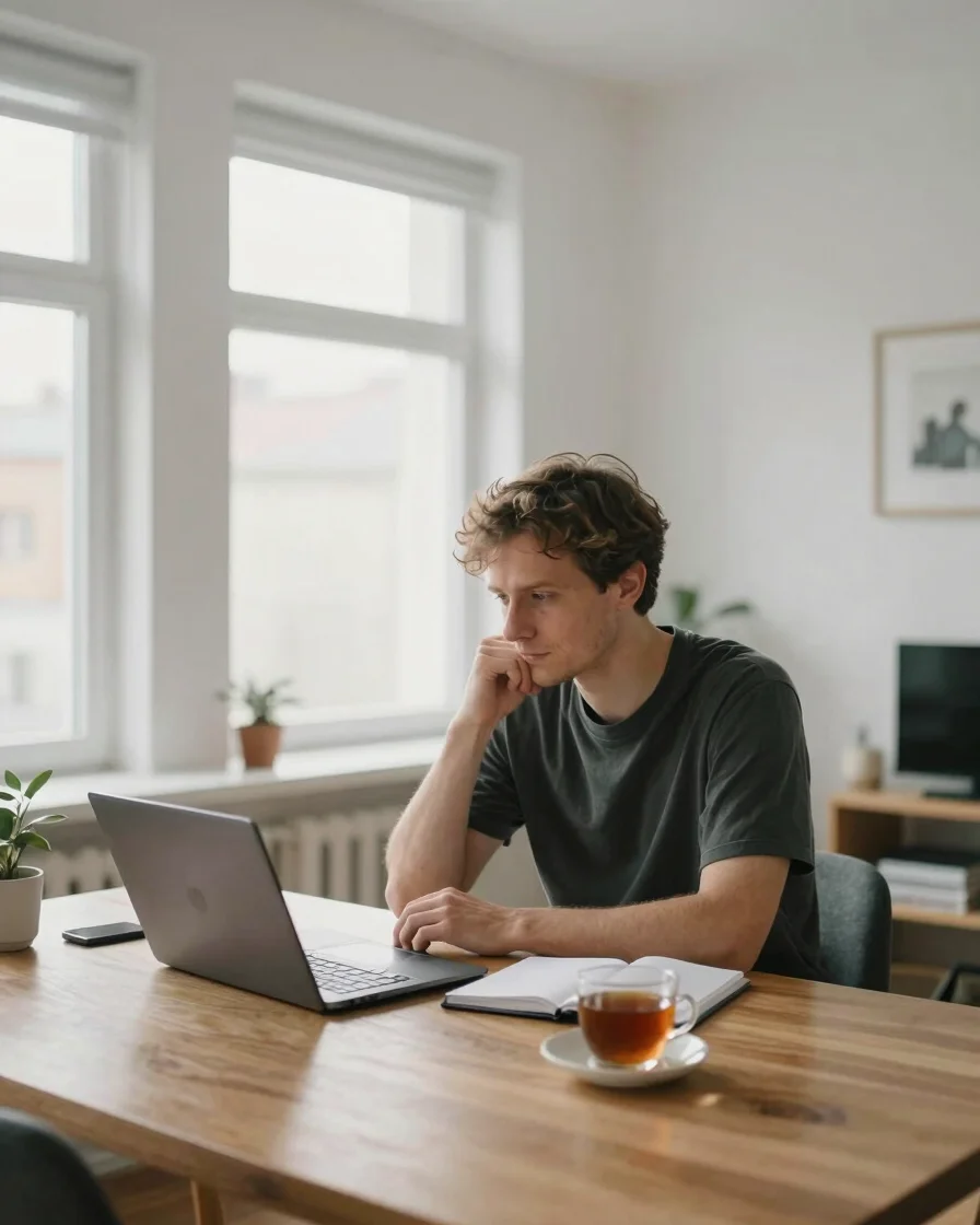 Editorial photography of a man at a wooden desk in a modern Polis